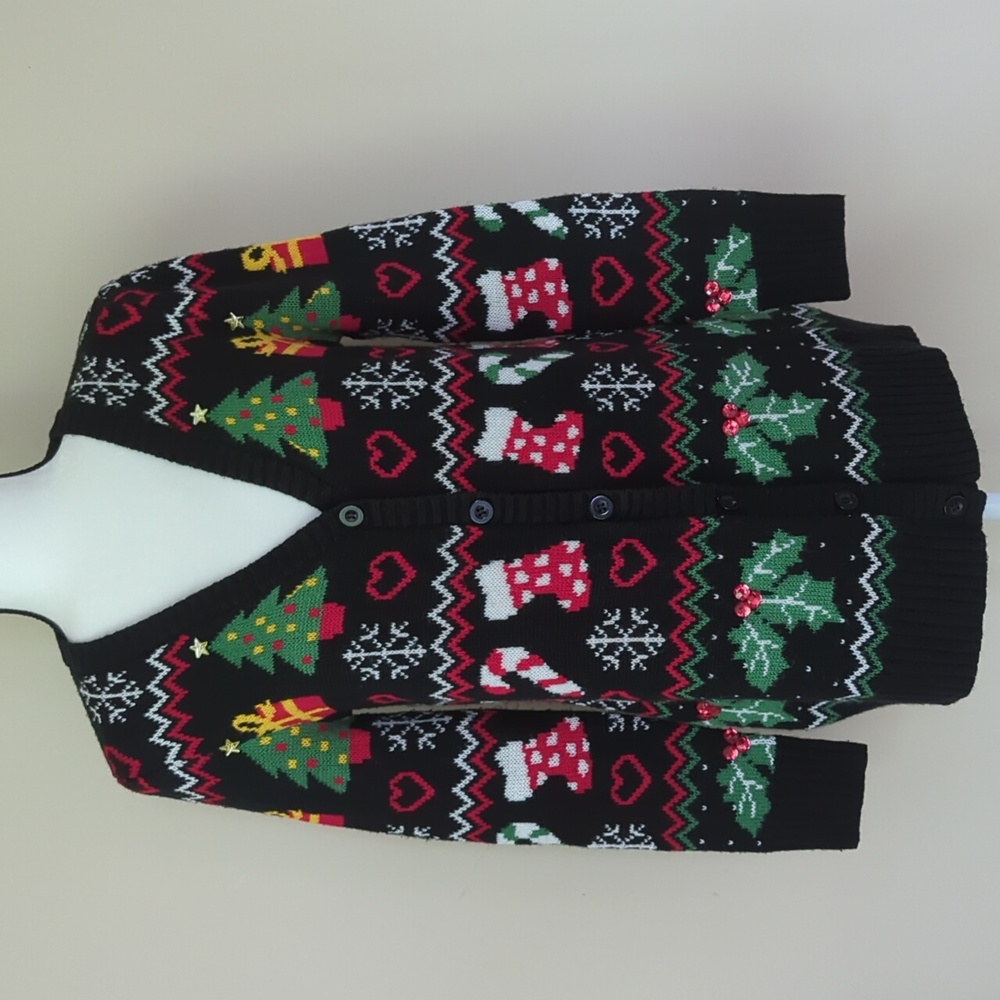Absolutely Famous Button Up Acrylic Cardigan Christmas Sweater MEDIUM Black Red - Picture 2 of 16